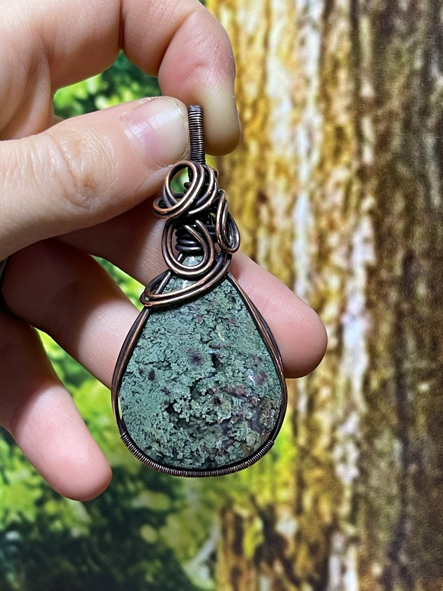 Teardrop Punchy Moss Agate Pendant in Copper