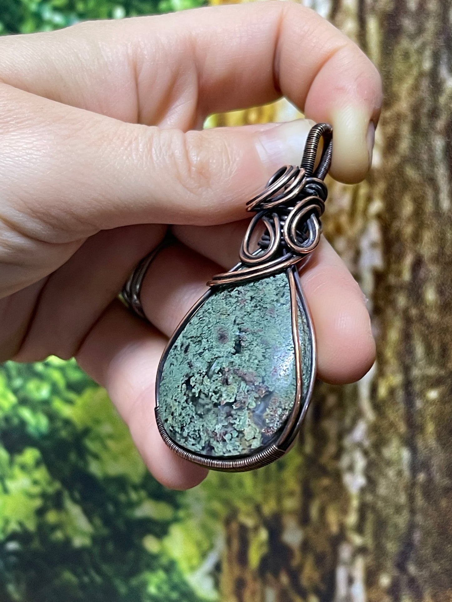 Teardrop Punchy Moss Agate Pendant in Copper