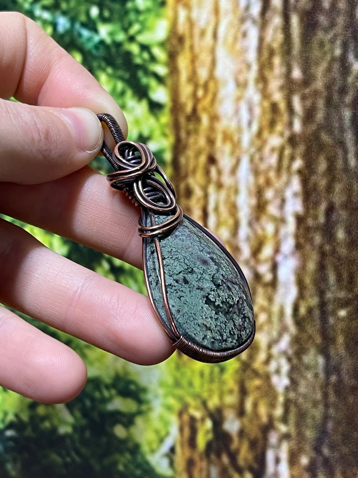 Teardrop Punchy Moss Agate Pendant in Copper